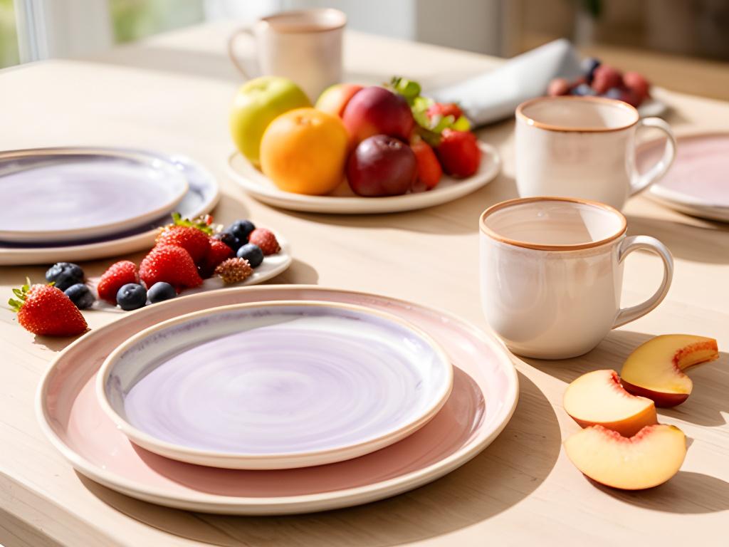 Sommerliche Keramikkollektion auf einem hellen Holztisch mit frischen Früchten und Glasuren in sanften Farbtönen