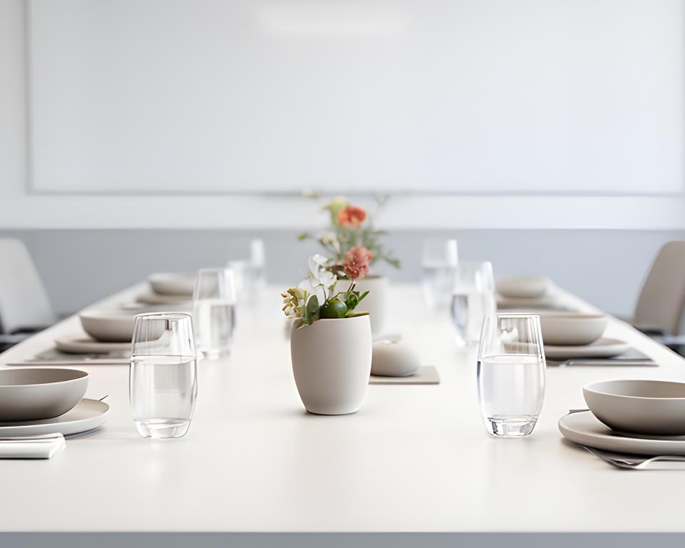 Modernes Business-Setup mit klaren Keramikformen, Wassergläsern und dezenter Tischdekoration im hellen Raum