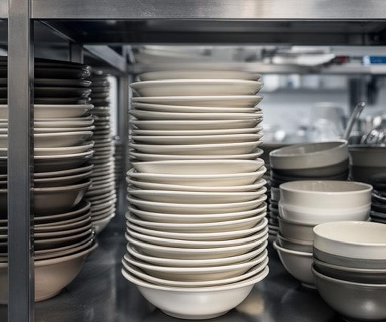 Stapelbare Gastro-Keramik auf Edelstahlregalen in einer professionellen Küche