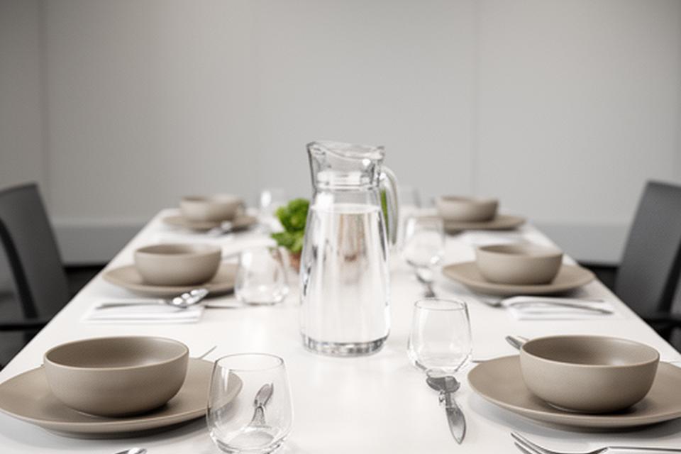 Aufgeräumter Business-Lunch mit neutraler Keramik, Wasserkrug und geordneten Platzsettings in einem Meetingraum