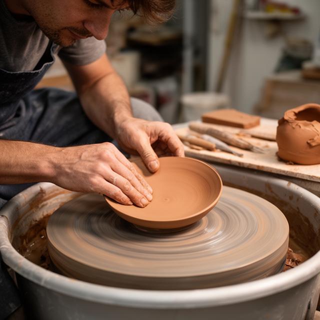 Meistertöpfer an der Drehscheibe formt einen Teller im Zürcher Atelier