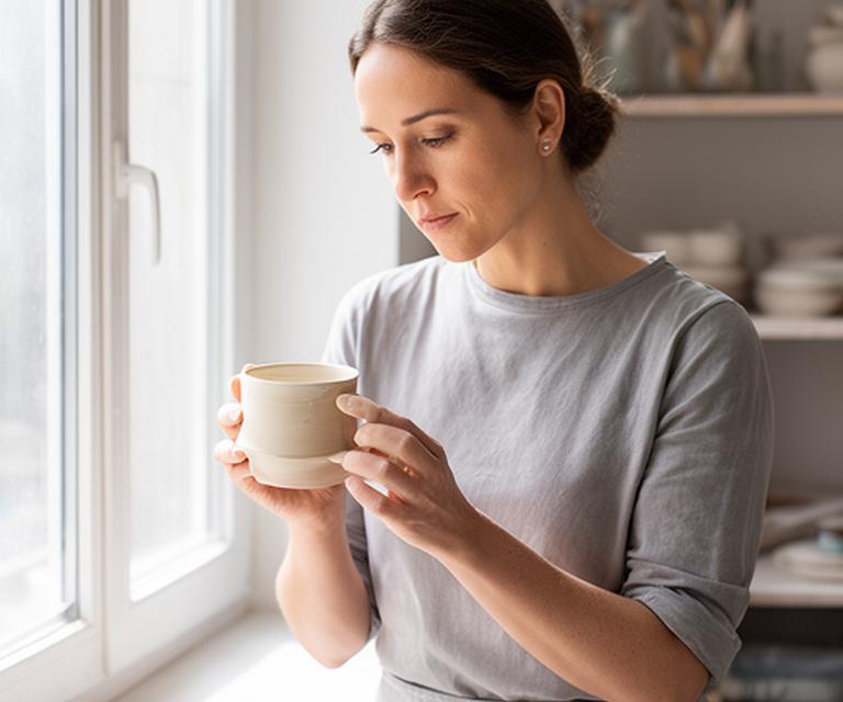 Designerin in hellem Atelier prüft eine Keramiktasse am Fensterlicht