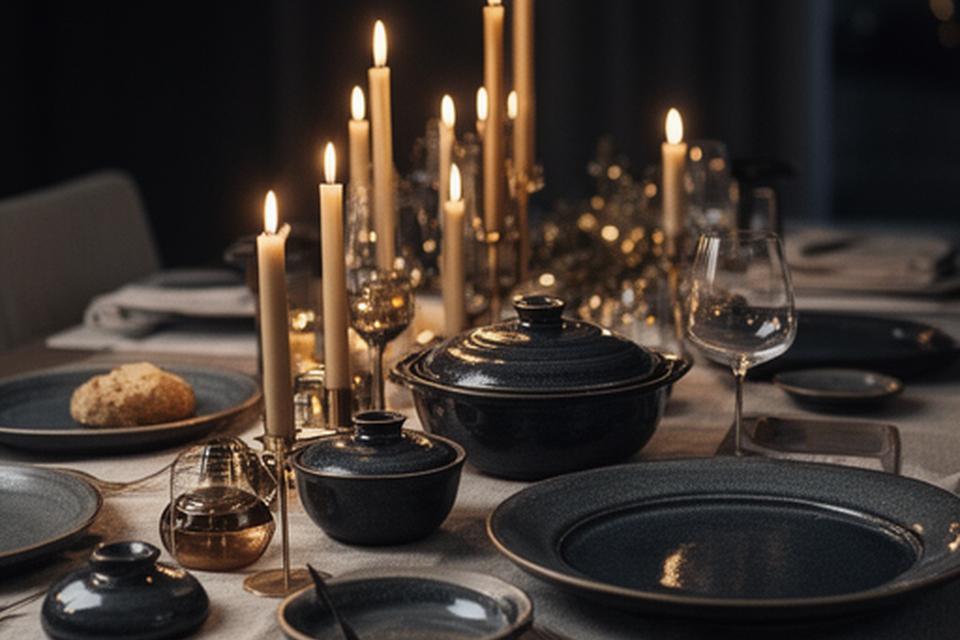 Eleganter Abendtisch mit Kerzen, Servierplatten und dunklen Keramikstücken für ein festliches Dinner
