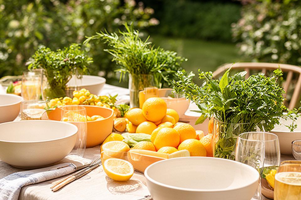Sommerlicher Brunch-Tisch im Garten mit Keramikschalen, Zitrusfrüchten und frischen Kräutern