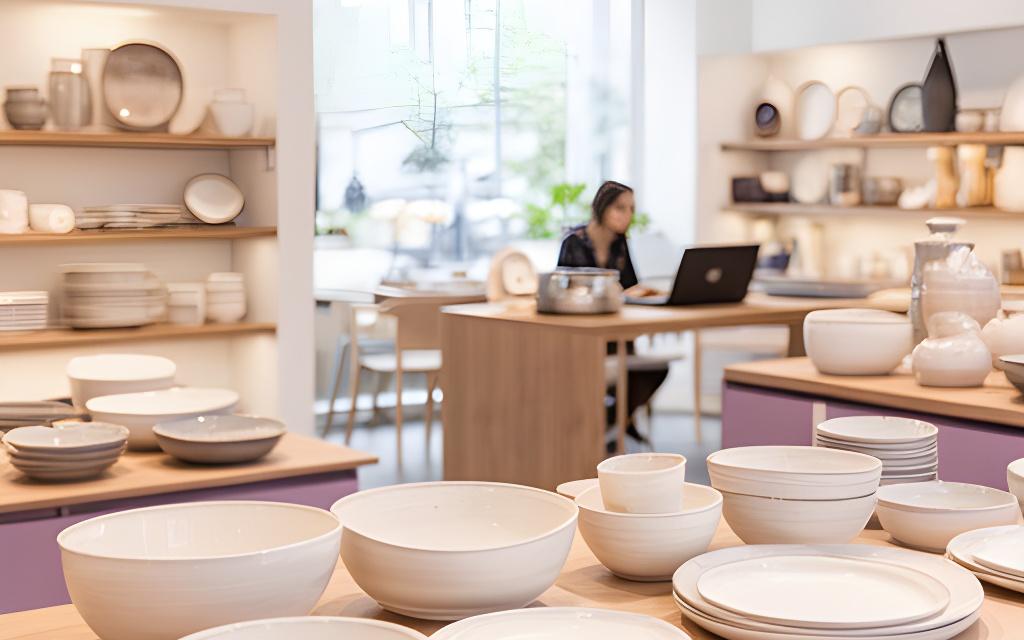 Heller Showroom in Zürich mit keramischen Schalen, Tellern und Beratungstisch aus Holz