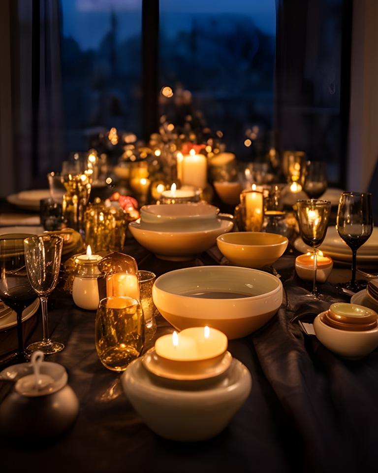 Festliche Tafel mit Keramikschalen, Kerzen, Glasakzenten und dunklem Tischläufer bei Abendlicht