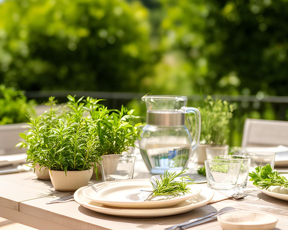 Kundentisch auf der Terrasse mit Keramiktellern, Wasserkrug, Kräutern und heller Sommerstimmung