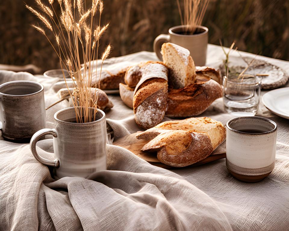 Rustikales Tischarrangement mit grobem Leinen, Brot, Keramikbechern und getrockneten Gräsern