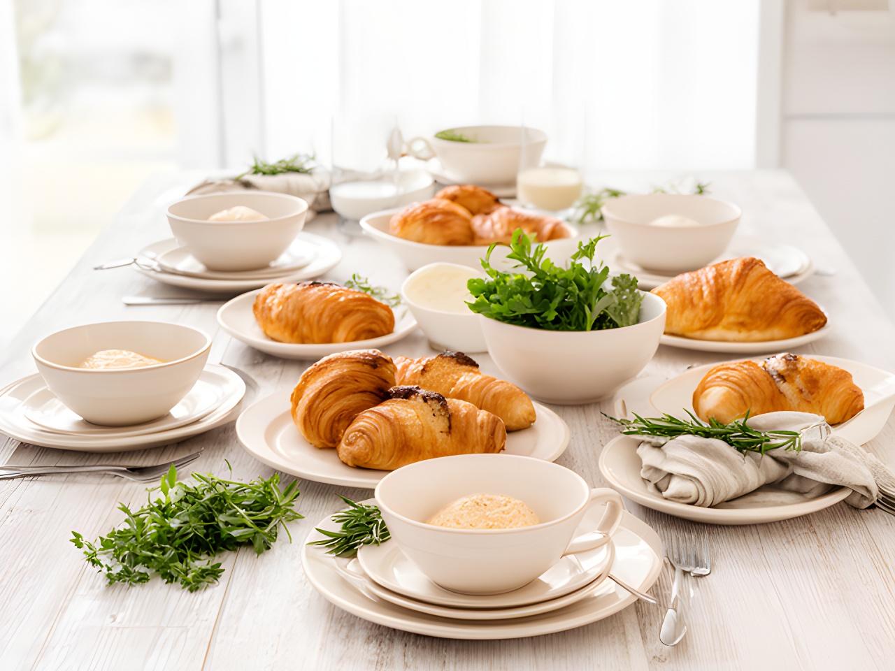 Lichtdurchfluteter Brunch-Tisch mit Schalen, Tellern und frischem Gebäck neben Kräutern auf hellem Holz